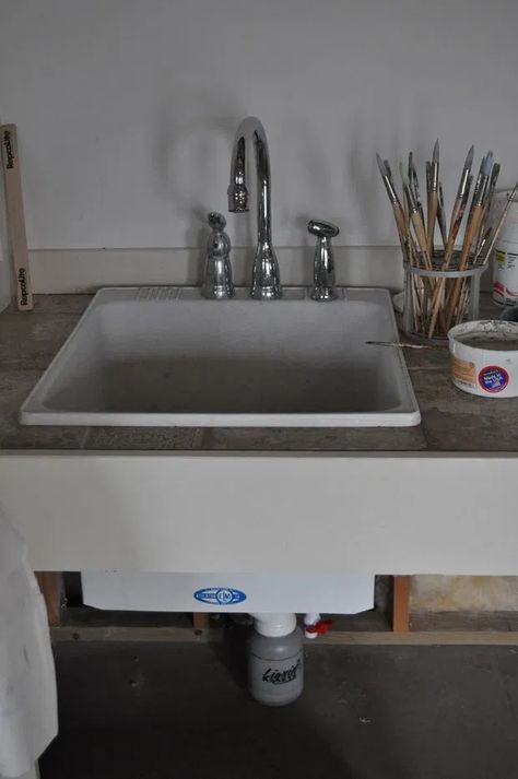 Sink Traps- Do you need one in your studio? - Shannon Maisel Art Art Room Sink Area, Art Studio Sink Area, Art Studio Sink, Art Sink, Water Recycling, Painters Studio, Sink Plumbing, Metal Sink, Sink Shelf