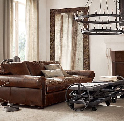 Restoration Hardware's Lancaster Leather Sofa. Exceptionally luxurious at nearly four feet deep, Lancaster features ultra-comfortable cushions and is available in rich, premium leathers. Brown Leather Couch, Cool Couches, Leather Sofas, Comfy Sofa, Leather Couch, My Hubby, Leather Furniture, Restoration Hardware, New Furniture