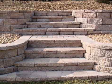 retaining wall stairs | Retaining Wall with Stone Steps Fredericksburg, Virginia Keystone Retaining Wall, Retaining Wall Steps, Backyard Retaining Walls, Patio Stairs, Retaining Wall Blocks, Landscape Stairs, Beautiful Outdoor Living Spaces, Stone Steps, Landscaping Retaining Walls