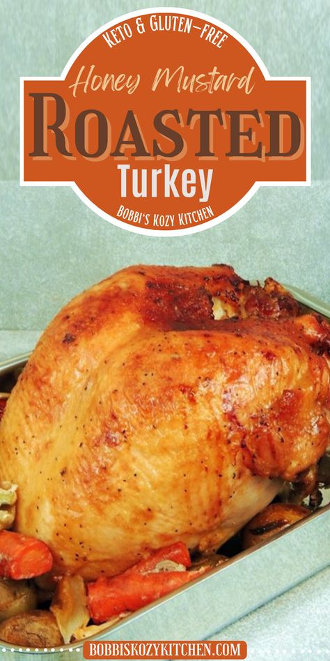 Image shows a honey mustard roasted bone in turkey breast in a silver roasting pain on a oight colored counter. Honey Mustard Turkey, Turkey Glaze Recipes, Honey Turkey, Meat Cooking, Slow Cooker Turkey Breast, Crockpot Turkey, Turkey Glaze, Holiday Turkey, Slow Cooker Turkey