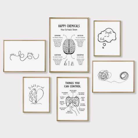 Mental Health Posters, Set of 6 Psychology Prints for Therapy Office Decor, Mental Health Printable Wall Art Black This Set of 6 Printable Posters is perfect for your therapy office, or as a self-help inspirational reminder in your home decor. You can use these beautifully designed Original Boho Art Prints to create a a corresponding atmosphere for therapy sessions with clients whether you are a therapist, counselor, teacher or a social worker.  Also makes a perfect gift for your favorite therap Welcoming Office Decor, Psychology Classroom Decorations, Coaching Office Design, Therapy Office Artwork, Coaching Office Decor, Counselor Office Decorating Ideas, Therapy Office Design, Psychology Decor, Psychology Office Decor