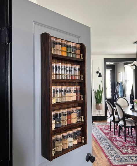 Easy DIY Pantry Door Spice Rack with Brass Rails | Our Aesthetic Abode Spice Rack Pantry Door, Wood Pantry Door, Easy Diy Pantry, Spice Rack On Pantry Door, Diy Pantry Door, Pantry Door Spice Rack, Wood Pantry, Door Spice Rack, Diy Spice Rack