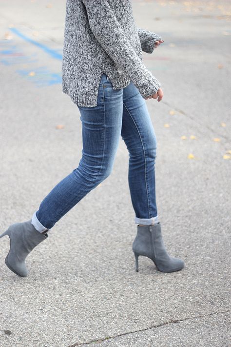 cozy fall sweater + gray booties Gray Boots Outfit Fall, Light Gray Boots Outfit, Gray Boots Outfit Ankle, Outfits With Grey Boots, Gray Boots Outfit Winter, Outfits With Gray Boots, Gray Booties Outfit, Gray Ankle Boots Outfit, Grey Booties Outfit