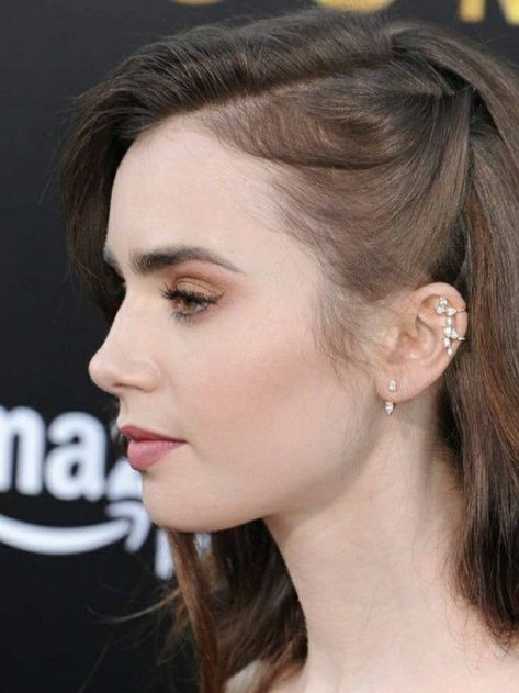 Hairstyles To The Side Prom, Simple Glamorous Makeup, Side Clip Hairstyles Short Hair, Half Pinned Back Hair Side, Wavy Hair One Side Pinned Back, Aesthetic Surgeon, Lily Jane Collins, Semi Formal Hairstyles, Lily Collins Hair