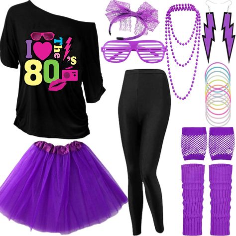 PRICES MAY VARY. 22 Pieces 80s outfit Set includes 1* Original-designed off-the-shoulder 80s Shirt,1*Black Leggings, 1* tutu skirt, 1* lace headband bow, 2* lightning 80s earrings, 2*beaded necklaces, 1*pair of shutter shade glasses. 1*pair of fingerless short fishnet gloves, 2*leg warmers and 10 silicone neon bracelets, 22 pieces in total, a rich and lovely set to complete your 80s costume look! Comfy Material:the 1980s shirts clothes are made of quality cotton and polyester, the leg warmers ar 80 90 Fashion Outfits, 80s Halloween Costumes For Women, 80s Outfits For Women, 80s Costume Diy, 80s Costume Ideas For Women, 80s Costume Ideas, Tacky Tourist Costume, 80s Fashion Black Women, 80s Leggings