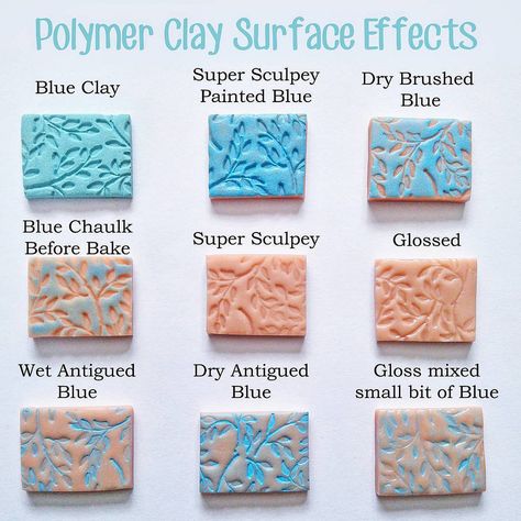 Christina Patterson | Polymer Clay Surface Effects. I've made up a visual representation of some of the effects I use while sculpting. Obviously this can be done with all sorts of different colour combinations.  Note: that chaulk is the only one here done before baking Adding Texture To Polymer Clay, Polymer Clay Tricks, Sculpey Jewelry, Texture Techniques, Clay Painting, Clay Tips, Polymer Clay Painting, Clay Items, Clay Techniques