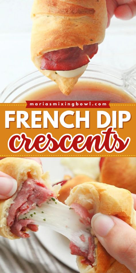 Learn how to make French Dip Crescents! They're an easy game day food. With the classic flavors of roast beef and mozzarella, these french dip crescent rolls are one of the best football appetizers! Don't forget the au jus for this simple tailgating recipe! French Dip Crescent Rolls, Best Football Appetizers, Easy Game Day Food, Football Dip, Football Dips, French Dip Crescents, Football Appetizers, New Years Appetizers, Cheesy Appetizer