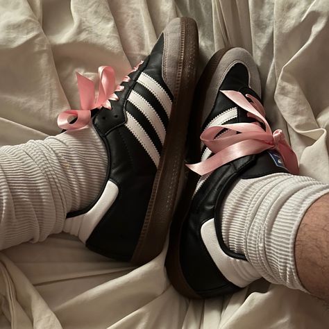 adidas samba Adidas Sambarose Aesthetic, Black Adidas Samba Ribbon, Black Sambas Ribbon Laces, Adidas Samba Coquette, Black Sambas Pink Laces, Adidas Samba Decorated, Adidas Samba Ribbon Laces, Adidas Samba With Ribbons, Samba Decoration