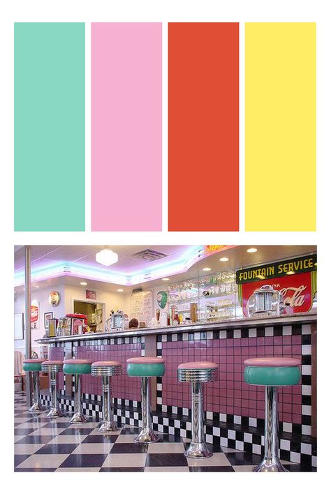 50s collor palette 50s Moodboard Aesthetic, 50s Colour Palette, 1950s Colour Palette, 50s Color Palette, Vintage Colour Palette 1950s, 50s Diner Color Palette, 1950s Color Palette, 50s Diner Exterior, 50s Aesthetic