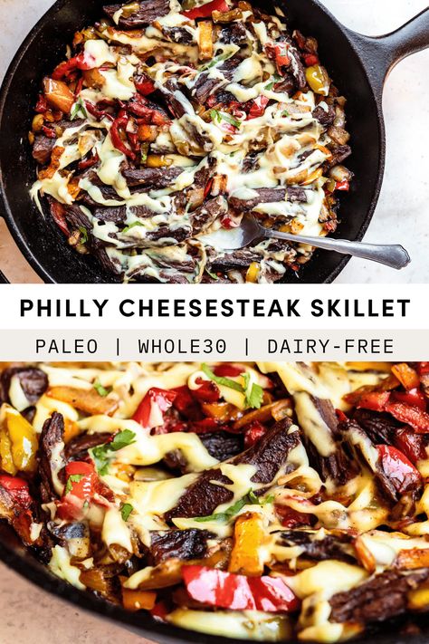 30-Minute Philly Cheesesteak Skillet (It’s Dairy-Free!) Steak Paleo Recipes, Gluten Free Cheesesteak, Whole 30 Philly Cheesesteak, Dairy Free Philly Cheese Steak, Paleo Dinner Beef, Gluten And Dairy Free Beef Recipes, Paleo Philly Cheesesteak, Gf Df Sf Recipes Dinner, Paleo Skillet Meals