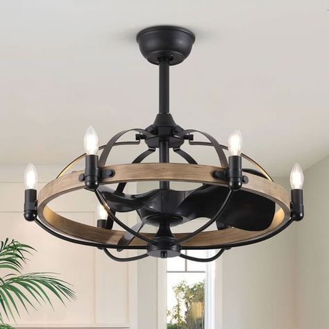 27-Inch Wood Grain Ceiling Fan with Light Remote Control 6-Light Wagon Wheel Farmhouse Ceiling Fans Caged Chandelier Fan - On Sale - Bed Bath & Beyond - 36030303 Farmhouse Ceiling Fans, Black Iron Chandelier, Vintage Ceiling Fans, Ceiling Fan Light Fixtures, Living Room Ceiling Fan, Farmhouse Ceiling, Caged Ceiling Fan, Cage Chandelier, Farmhouse Ceiling Fan