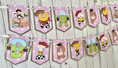 Toy Story Birthday Banner, Pink Toy, Story Birthday, Monthly Photos, Birthday Banners, Toy Story Birthday, High Chair Banner, Design Card, Photo Banner