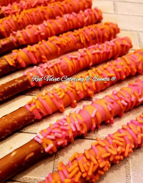 Pink And Orange Halloween, Halloween Dip, Pretzel Rods, Pink Orange, Pink And Orange, Carrots, Orange, Halloween, Pink