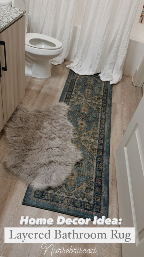 One Large Bathroom Rug, Layered Rugs Bathroom, Layering Bathroom Rugs, Bathroom Long Rug, Bathrrom Rug, Bathroom Carpet Ideas Rugs, Long Rug In Bathroom, Runners In Bathrooms, Layered Bathroom Rugs