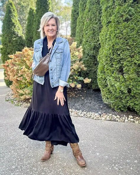 5 Fall Fashion Trends to Watch For 2024 Skirt Outfits For Women Over 50, Casual Fall Dresses For Women Over 50, Cowboy Boot Outfits For Women Over 50, Fall Dresses For Women Over 50, Long Skirt Cowboy Boots Outfit, How To Wear Cowboy Boots Women Over 50, Fall Western Outfits Women, Tania Stephens, 50 Is Not Old