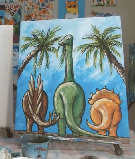 Oil Pastel Dinosaur, Dino Painting Easy, Jurassic Park Painting, Dinosaur Painting Acrylic, Dino Painting, Dinosaur Kids Room, Dinosaur Painting, Cover Painting, Sip N Paint