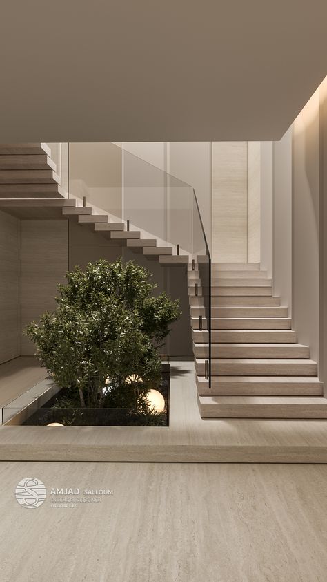 Trees Inside Houses, Villa Entrance Design Interiors, Villa Entrance Interior, House Entrance Interior, Dubai Villa, Contemporary Stairs, Interior Design Hallway, Staircase Design Modern, Aesthetic Interior Design