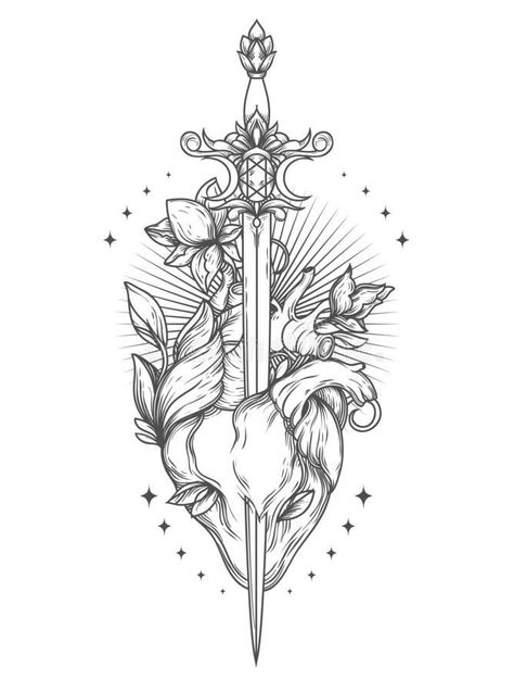 Heart Dagger Tattoo, Dagger Drawing, Blooming Heart, Herz Tattoo, Fantasy Tattoos, Dagger Tattoo, Heart Tattoo Designs, Tattoo Design Book, Feather Tattoo