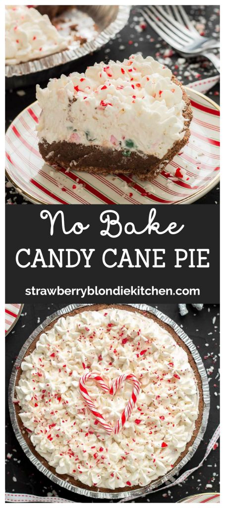 Layers of JELL-O chocolate pudding, creamy cream cheese filling and crushed peppermint candies make this No Bake Candy Cane Pie the perfect holiday dessert! | Strawberry Blondie Kitchen Candy Cane Desserts, No Bake Candy, Candy Cane Pie, Candy Cane Dessert, Dessert Halloween, Desserts Christmas, Brownie Desserts, Dessert Party, Snacks Für Party