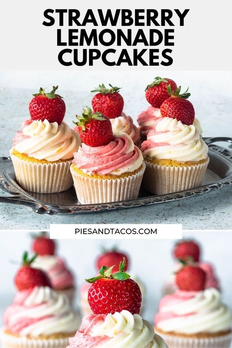 Drink Cupcakes Ideas, Fancy Strawberry Cupcakes, Strawberry Lemonade Frosting, Lemon Berry Cupcakes, Summer Time Cupcakes, Gourmet Cupcake Ideas, Lemon Cupcakes With Filling, Gourmet Cupcakes Fancy, Fancy Cupcakes Recipes