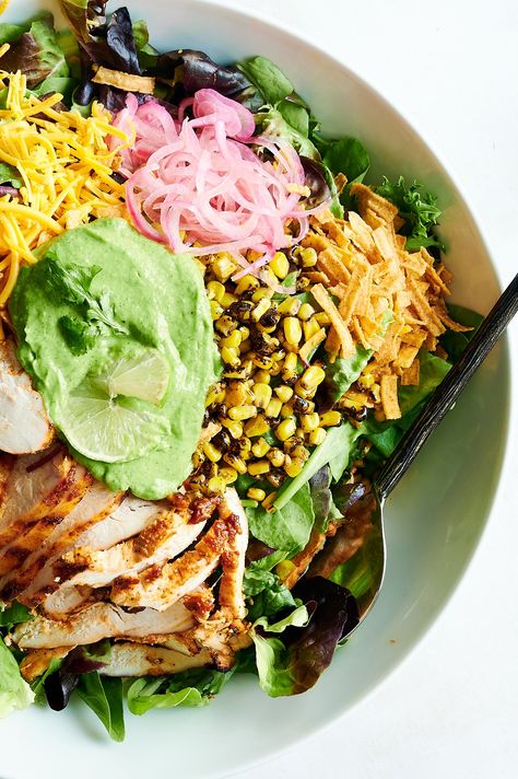 Grilled Corn Cilantro Chicken Salad, Cilantro Chicken Salad, Grilled Chicken Glaze, Barbecue Chicken Salad, Main Course Salad, Barbecue Chicken Recipe, Charred Corn, Quick Pickled Onions, Cilantro Chicken