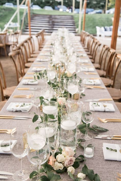 Wedding at Tranquility Farm, Purcellville, VA Smilax table runner and candles by Lark Floral Wedding Flowers Table Runner, Farm Garland, Long Table Flower Arrangements, Tipi Decor, Cheap Wedding Table Centerpieces, Wedding Floor, Provincetown Massachusetts, Long Table Wedding, 70 Birthday