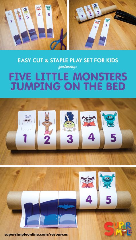 The five little monsters just can’t stop jumping on the bed. One by one, they fall off and bump their heads. Act out the song with this easy to make cardboard tube craft. Download includes assembly instructions. Babies Activities, Monster Jump, Nature Kindergarten, Monster Theme Classroom, Monster Classroom, Cardboard Tube Crafts, Big Green Monster, 5 Little Monkeys, Playhouse Ideas