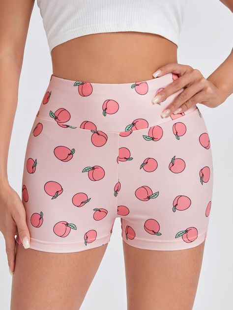 Baby Pink Casual   Polyester Fruit&Vegetable,All Over Print Biker Shorts Embellished Slight Stretch Spring/Summer/Fall Women Bottoms Peach Workout, Pale White Skin, Workout Bottoms, Peach Print, Pink Grunge, Fit Woman, Bottom Workout, Women Bottoms, Women Leggings