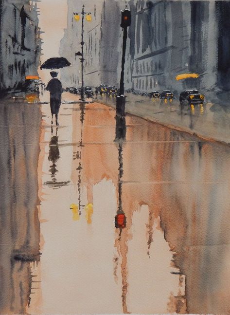 Rainy Painting, Watercolour Street, Umbrella Painting, London Cityscape, Rainy City, Venice Painting, Reflection Painting, Reflection Art, Watercolor City