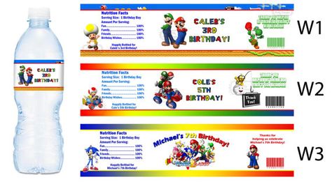 Mario Water Bottle Labels PRINTED FOR YOU by PartyDesigns4U Water Bottle Labels Birthday, Printed Water Bottles, Super Mario Birthday, Mario Birthday, Construction Birthday, Water Bottle Labels, 1st Boy Birthday, Birthday Party Favors, Super Mario Bros