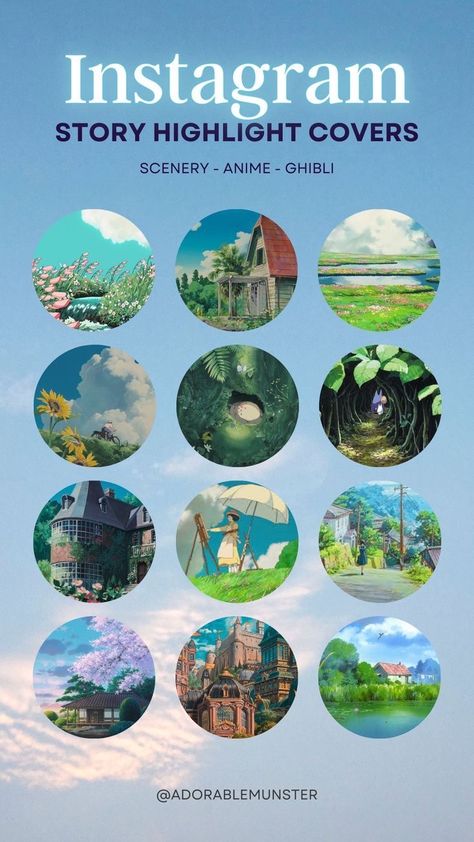 Studio Ghibli Scenery, Ghibli Scenery, Instagram Hilight Ideas, Ig Icons Highlights Aesthetic, Studio Ghibli Films, Pastel Highlights, Instagram Graphic Design, Instagram Graphic, Instagram Layout