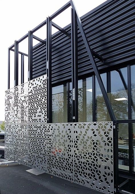 Metal Facade Architecture Design, Metal Facade Design, Perforated Metal Facade, Perforated Facade, Facade Renovation, Industrial Facade, Facade Pattern, Cladding Design, Metal Facade