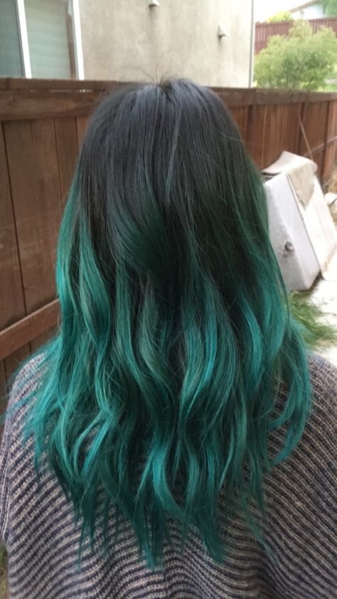 Shoutout for boyfriend for helping me with my recent color. #joico #joicocolor #joicocolorintensity #cosmoprof #hairaddict #blend #hairpainting #colorfulhair #stylist #ombre #colormelt @hairbykrissy #hairbykrissy @krissycalderon #pinteresthair #teal #peacockgreen mixed with #mintgreen #doubleprocess #change #hairstylistlife #cali #everythinghair #modernhair #fashioncolors Teal Hair Color Ombre, Black And Teal Hair Ombre, Black To Teal Ombre Hair, Peacock Green Hair Color, Sea Green Hair Colour, Black To Color Hair, Blue And Green Balayage, Black Hair Teal Money Piece, Teal Ends Hair