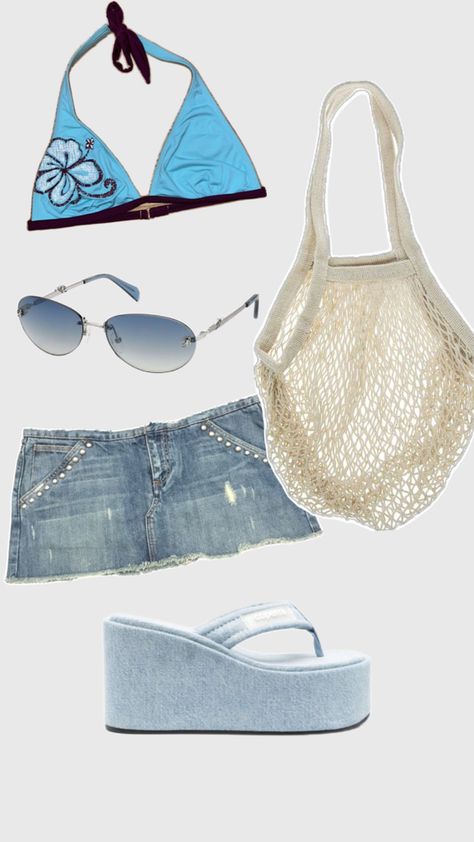 Y2K beach outfit blue bikini summer cute outfit hot day denim jean skirt blue bikini sunglasses wedge sandals blue shoes blue and brown bikini Y2k Beach Outfit, 90s Teen Fashion, Outfits Hot, Y2k Beach, Cute Beach Outfits, 2000s Style, Outfits 2000s, Beachy Outfits, Downtown Outfits