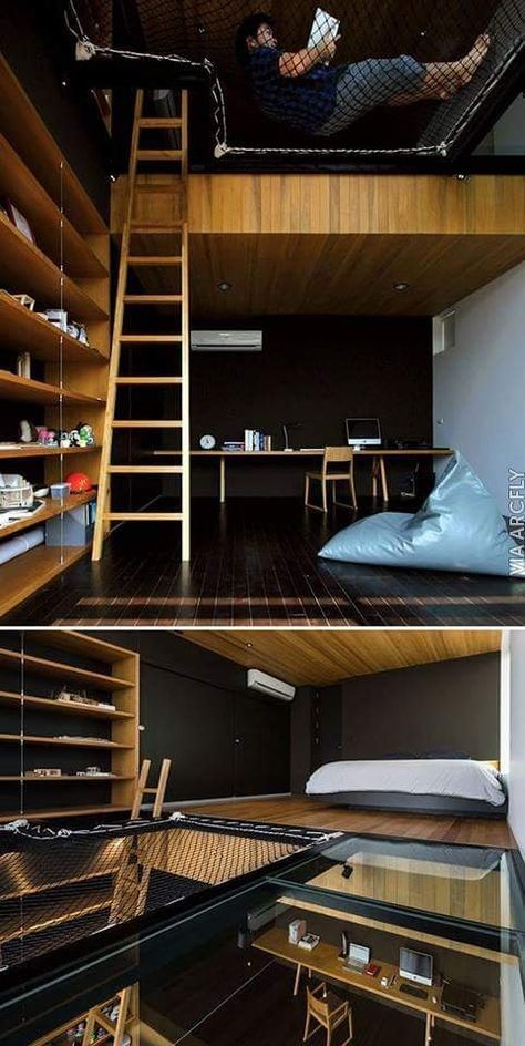 Camping Hammock Ideas, A Loft Bed, Loft House Design, Indoor Hammock, Loft House, Small Room Design, Loft Design, Room Design Bedroom