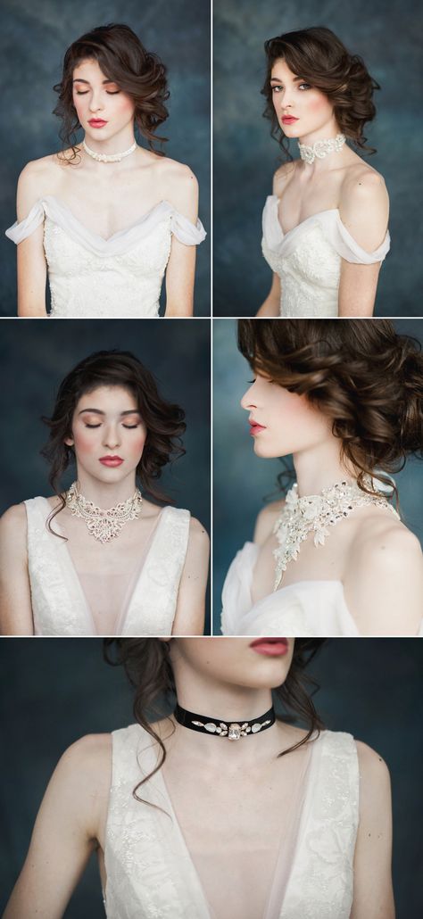 27 Choker Necklaces To Wear To Your Wedding Day! Wedding Dress With Choker Necklace, Wedding Choker Necklace Bridal, Necklace For Wedding Dress, Wedding Dress Choker, Wedding Dress With Choker, Choker Wedding Dress, Modern Bride Jewelry, Wedding Chokers, Bride Choker