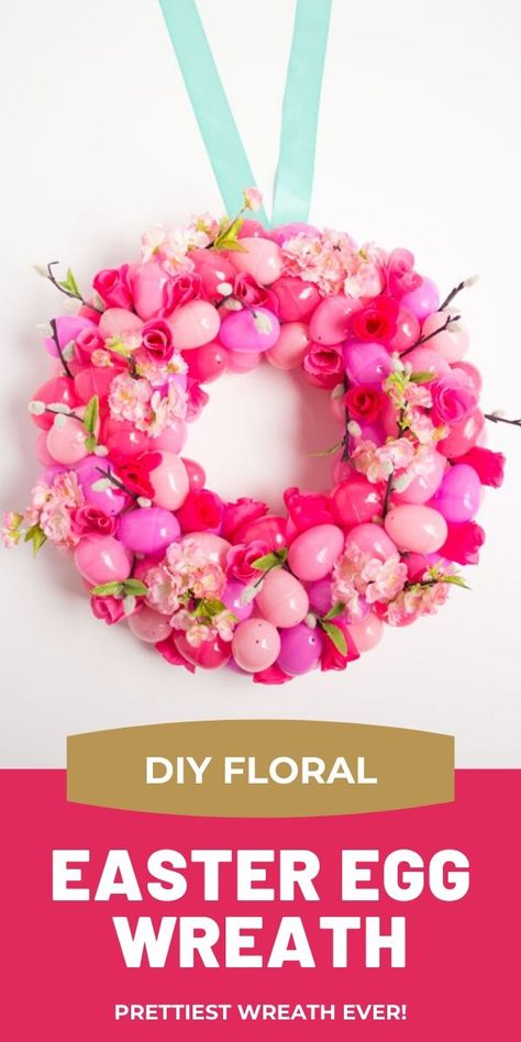 This gorgeous Easter egg wreath is so easy to make with plastic eggs and artificial flowers. Easter Egg Wreath Craft, Dollar Tree Egg Wreath, Egg Wreath Diy Dollar Tree, Easter Egg Wire Wreath Diy, Plastic Egg Wreath, Easter Crafts For Adults, Easter Egg Wreath, Plastic Easter Eggs, Pretty Wreath