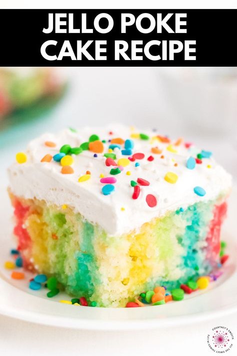 Our Jello Poke Cake has a burst of color and flavor with every slice, perfect for a spring celebration or a dessert to brighten your day! Jello Poke Cake Recipe Cool Whip, Jello Cake Recipe Poke, Jello Poke Cake With Pudding Frosting, Lemon Poke Cake Recipe Jello, Funfetti Jello Poke Cake, Poke Cake Recipes Jello, Jello Poke Cake, Jello Cake Recipe, Poke And Pour Jello Cake