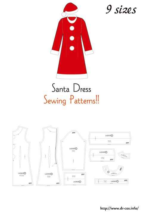 Christmas Dress Pattern, Mrs Clause Costume, Mood Patterns, Japanese Sewing Patterns, Santa Dress, Santa Suit, Animal Sewing Patterns, Stitching Dresses, Free Sewing Patterns