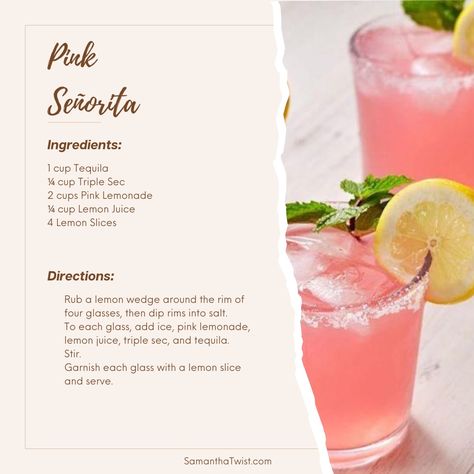 Valentines day cocktail drink recipe, pink drink, pink party, summer cocktail, pink cocktail recipes Valentines Pitcher Drinks, Valentines Margarita Recipes, Pink Lady Cocktail Recipe, Cocktail Valentines Day, Pink Señorita Cocktail, Pink Senorita Drink, Valentines Margaritas, Valentine's Day Cocktails, Pink Tequila Drinks