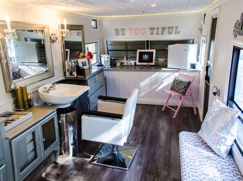 Camper Beauty Salon, Camper Hair Salon, Camper Salon Ideas, Rv Hair Salon, Rv Salon Ideas, Mobile Hair Salon Trailers, Mobile Salon Trailers, Hair Salon Shed Backyard Studio, Mobile Hair Salon Van