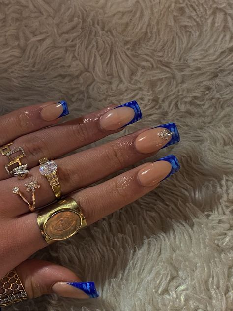 Navy Blue Acrylic Nails, Bougie Nails, Mail Inspo, Gold French Tip, Blue French Tips, Girly Acrylic, Blue Acrylic Nails, Blue Tips, Summery Nails