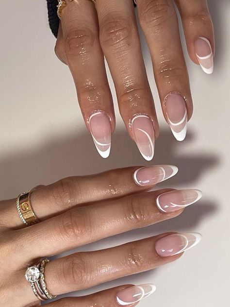 Arched French Tip Nails, Cute Oval French Tip Nails, French Tip Clear Base, Curvy Lines Nails, Irregular French Nails, White And Clear Nails Design, Short Almond Nails 2023, Almond French Nail Designs, Baddie Maintenance