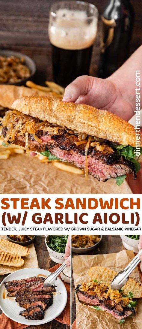 Steak Sandwich (with garlic aioli) is the perfect sandwich with tender steak flavored with brown sugar, balsamic vinegar, and topped with onion and cheese. Sourdough Steak Sandwich, Steak Sandwich With Garlic Aioli, Ribeye Steak Sandwich Recipes, Steak Sandwich Sauce, Ribeye Steak Sandwich, Best Steak Sandwich, The Perfect Sandwich, Homemade Aioli, Steak Sandwich Recipes