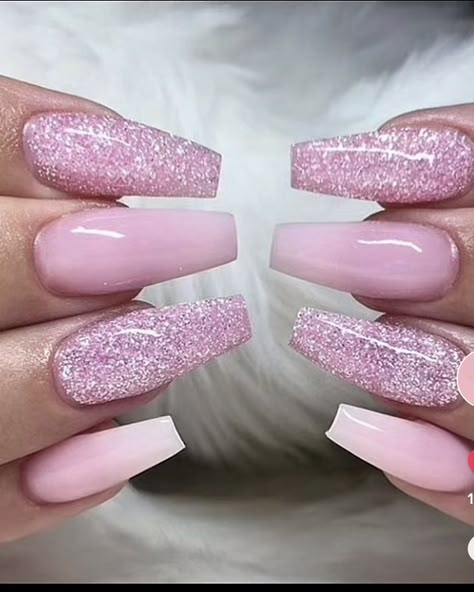 Pink Nails Acrylic With Glitter, Pink Nails One Glitter Nail, Acrylic Nails Pink With Glitter, Cute Pink Nails With Glitter, Spring And Summer Nails 2023, Ballerina Nails Pink Glitter, Pink Glitter Coffin Acrylic Nails, Birthday Nails Light Pink, Pink New Years Nails Glitter