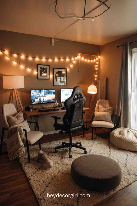 15+ Amazing Small Home Game Room Ideas - Hey Decor Girl [Latest Trending Decor Design Ideas] Gaming Guest Room, Living Room With Gaming Area, Gaming Set Up In Living Room, Gaming Area In Living Room, Gaming And Reading Room, Cozy Game Room Ideas, Small Game Room Ideas For Adults, Office And Game Room Combo, Small Gaming Setup