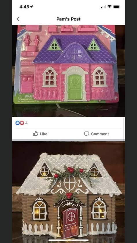 Diy Christmas Town Houses, Dollar Tree Doll House Gingerbread, Doll House Gingerbread House, Dollar Store Gingerbread House, Christmas Doll House Diy, Dollartree Diy Christmas, Dollar Tree Christmas House, Diy Christmas Houses, Diy Gingerbread Houses