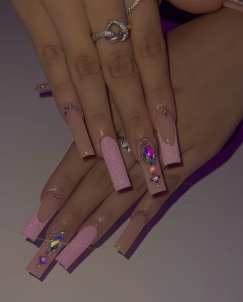 Long Acrylic Nails With Diamonds Simple, Pink Nail Inspo With Gems, Pink Acrylic Nails Jewels, Extra Pink Acrylic Nails, Pink Square Nails With Rhinestones, Blinged Out Nails Rhinestones Pink, Acrylic Nails Gems Rhinestones, Spring Acrylic Nails Square Long, Rhinestone Nails Pink