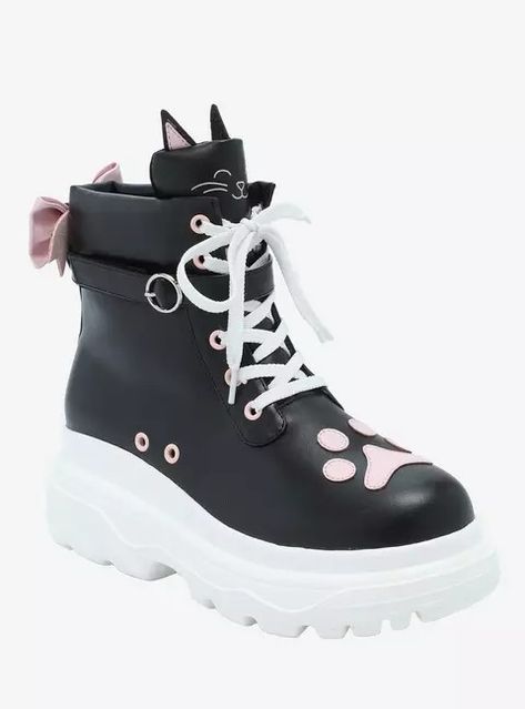 Black Kawaii Outfits, Goth Kawaii Fashion, Shoe References, Kawaii Sneakers, Black Kawaii, Cat Outfit, Goth Kawaii, Pink Paws, Cat Shoes