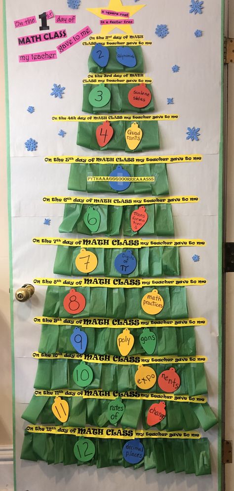 Get into the Christmas spirit in Math class by creating a ‘12 days of Math’ Christmas door Math Christmas Door Decorations, Math Christmas Door, Private Boarding School, School Open House, Christmas Door Decorating Contest, Christmas Classroom Door, Door Decorating Contest, Winter Math, Door Decorating